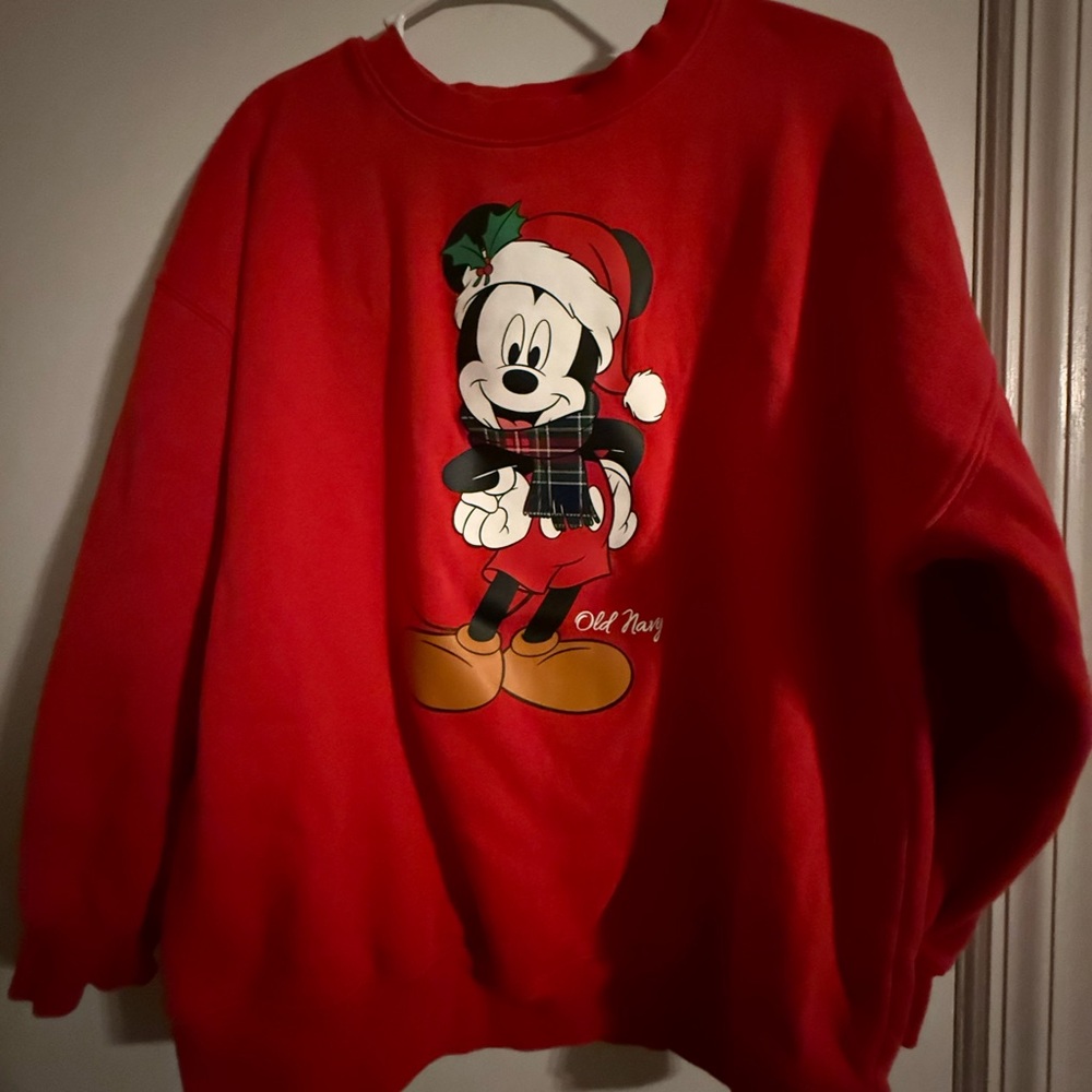 Old Navy Festive Red Sweatshirt with Mickey Mouse and matching pj shorts